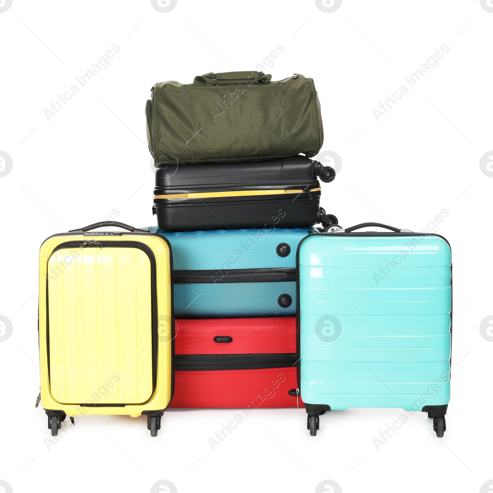 Photo of Many closed colorful suitcases and bag isolated on white