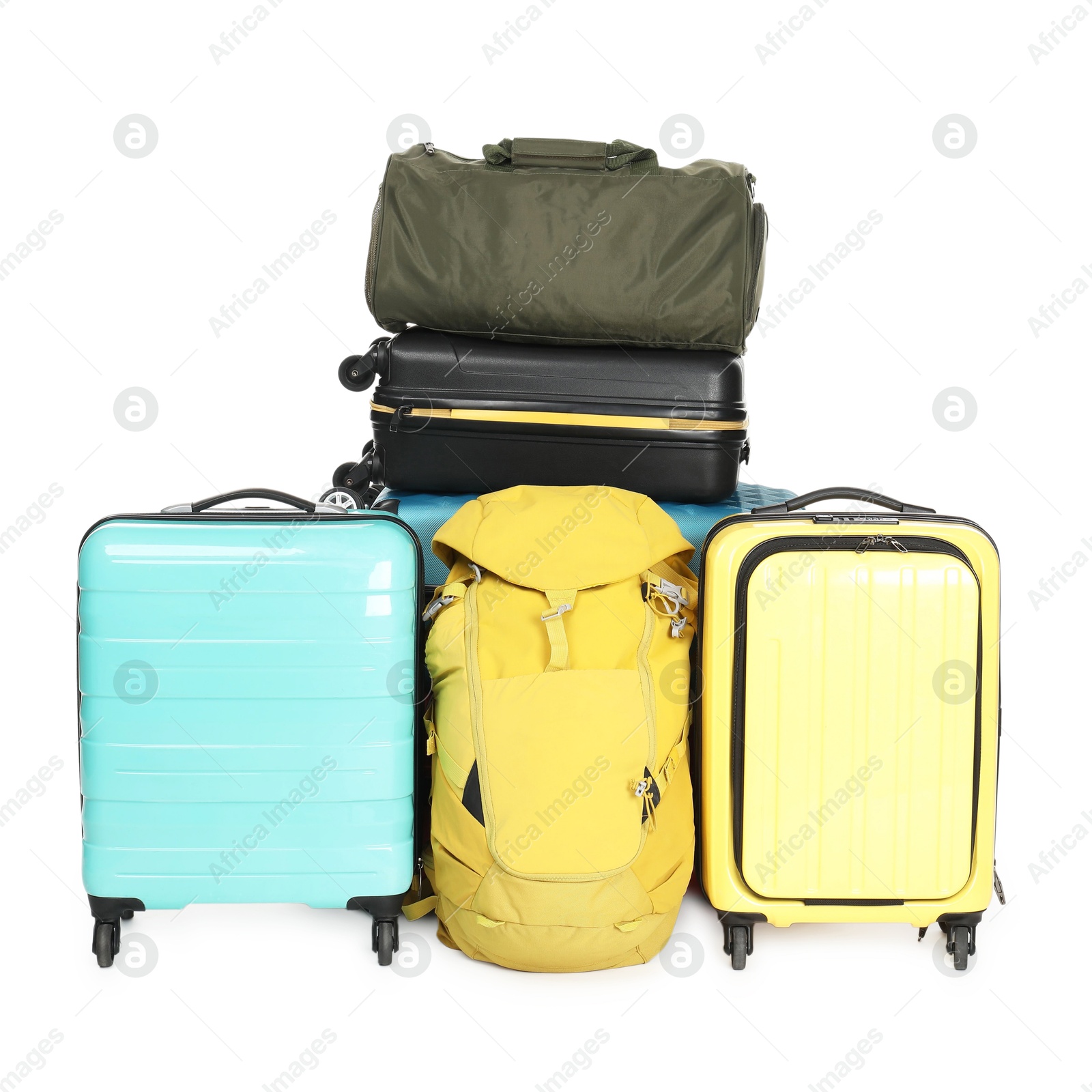 Photo of Many colorful suitcases, backpack and bag isolated on white