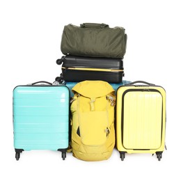 Photo of Many colorful suitcases, backpack and bag isolated on white