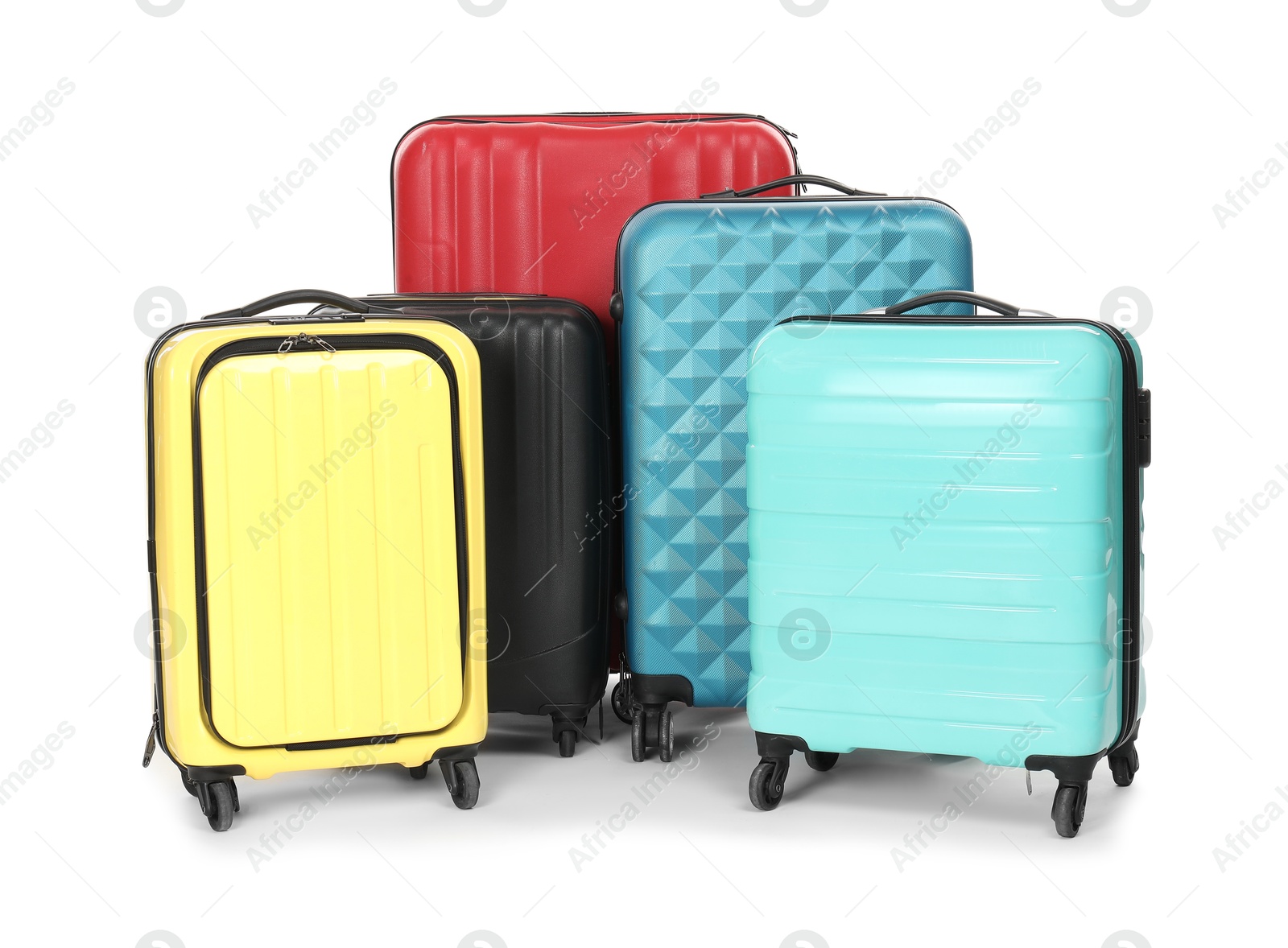 Photo of Many closed colorful suitcases isolated on white