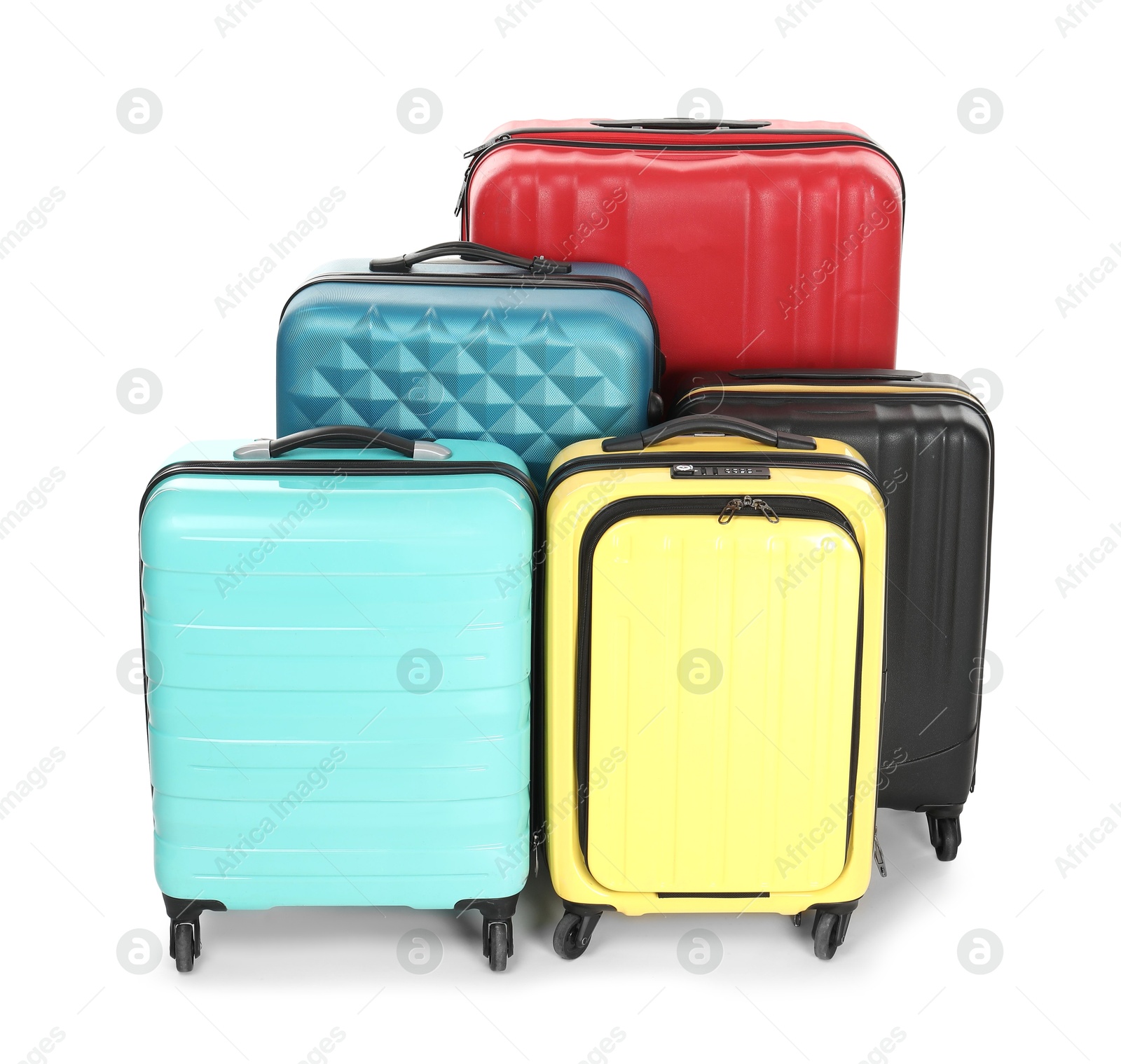 Photo of Many closed colorful suitcases isolated on white