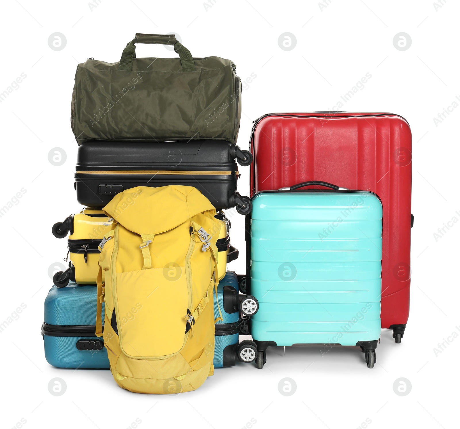 Photo of Many colorful suitcases, backpack and bag isolated on white