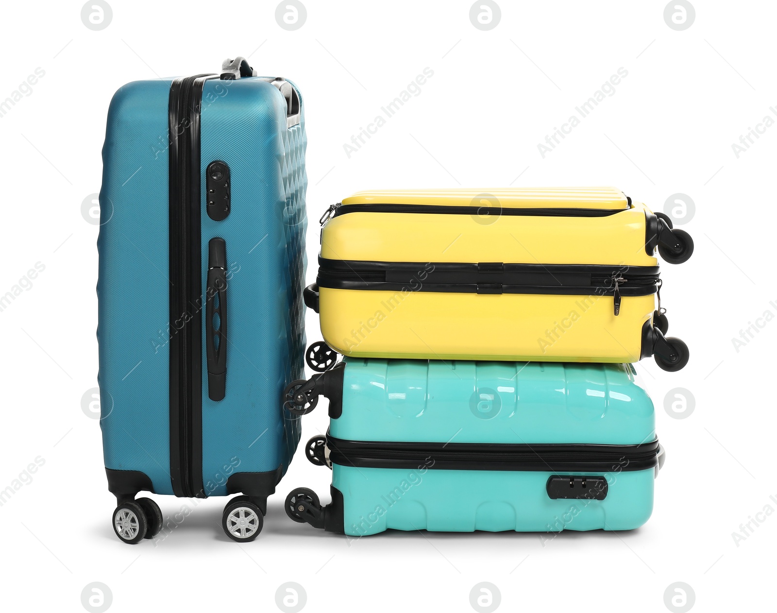 Photo of Many closed colorful suitcases isolated on white