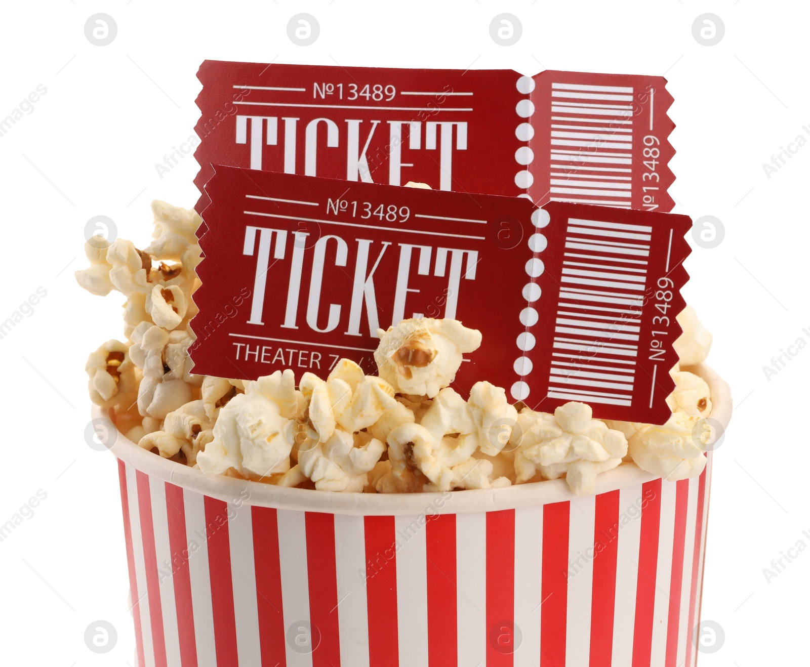 Photo of Tasty popcorn and movie tickets isolated on white