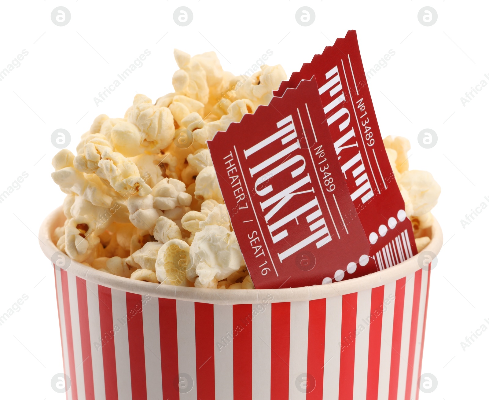 Photo of Tasty popcorn and movie tickets isolated on white