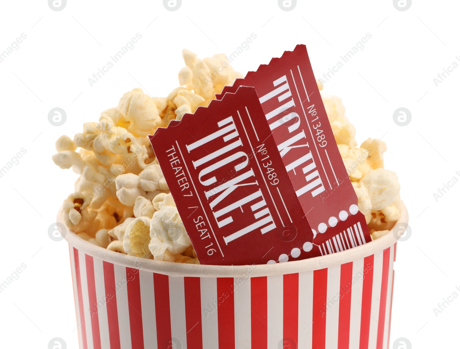 Photo of Tasty popcorn and movie tickets isolated on white