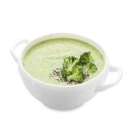 Photo of Delicious broccoli cream soup in bowl isolated on white