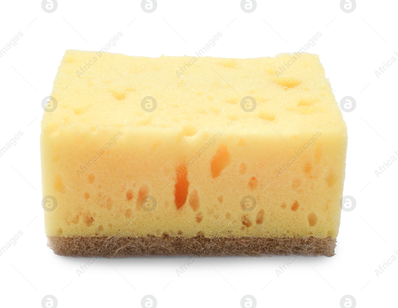 Photo of One yellow sponge isolated on white. Cleaning tool