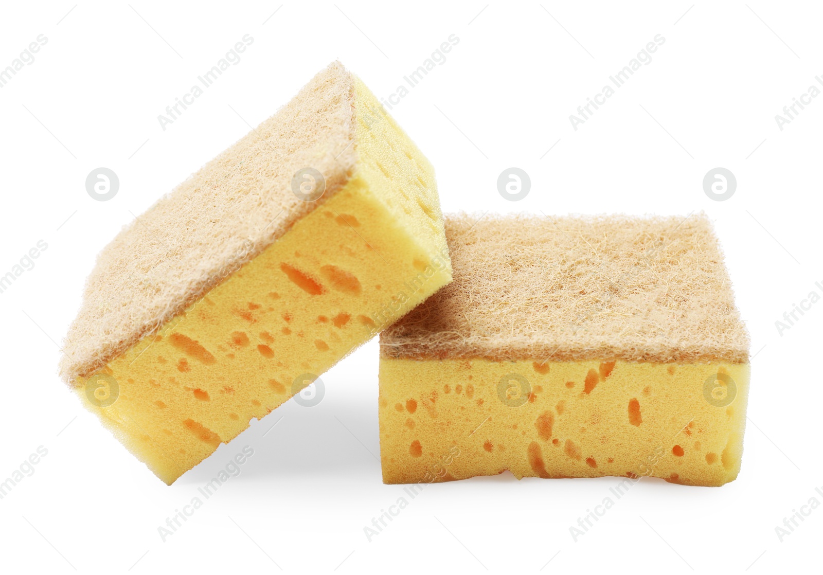 Photo of Yellow sponges isolated on white. Cleaning tool