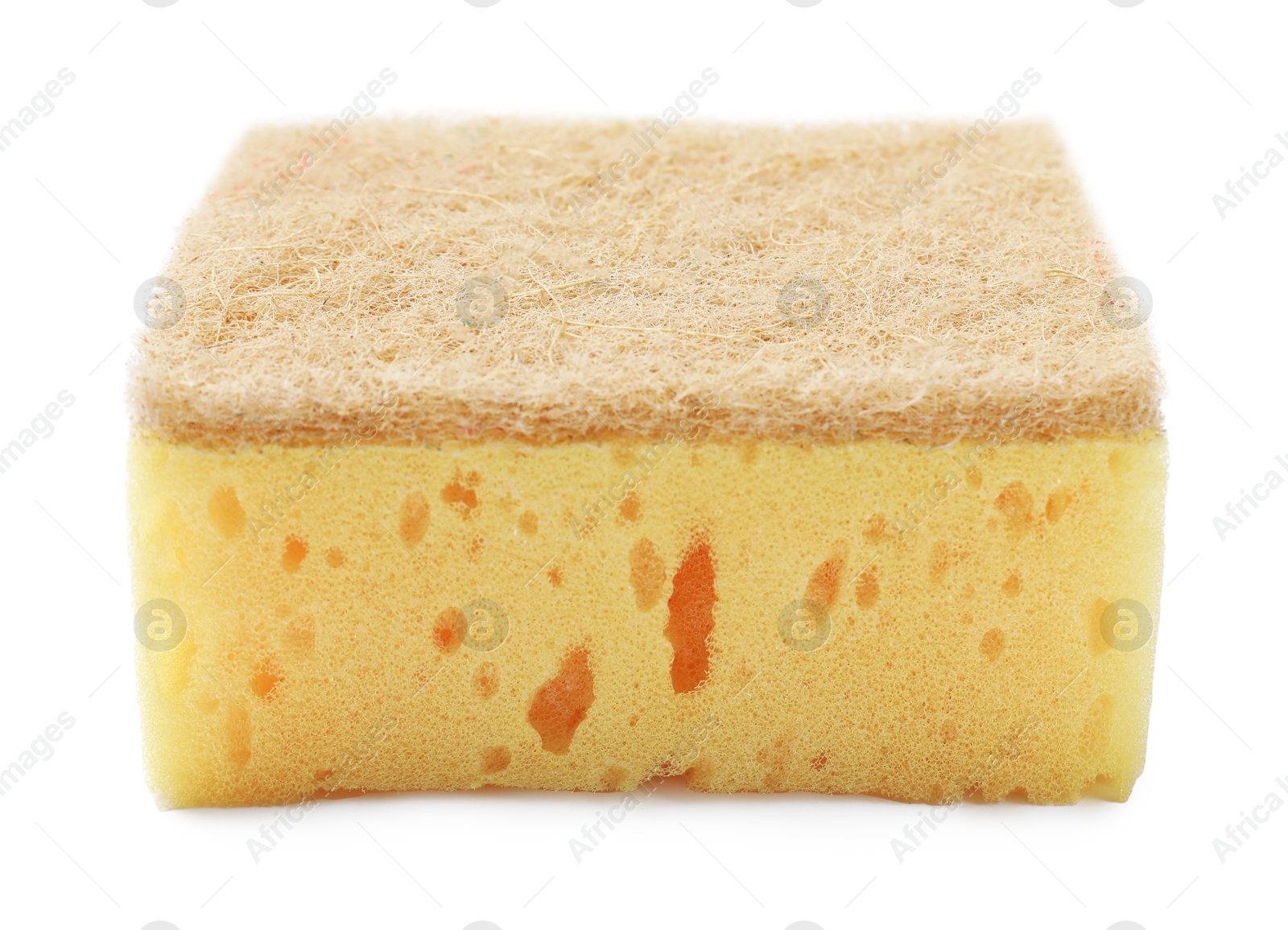 Photo of One yellow sponge isolated on white. Cleaning tool