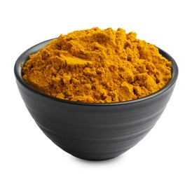 Photo of Turmeric powder in bowl isolated on white