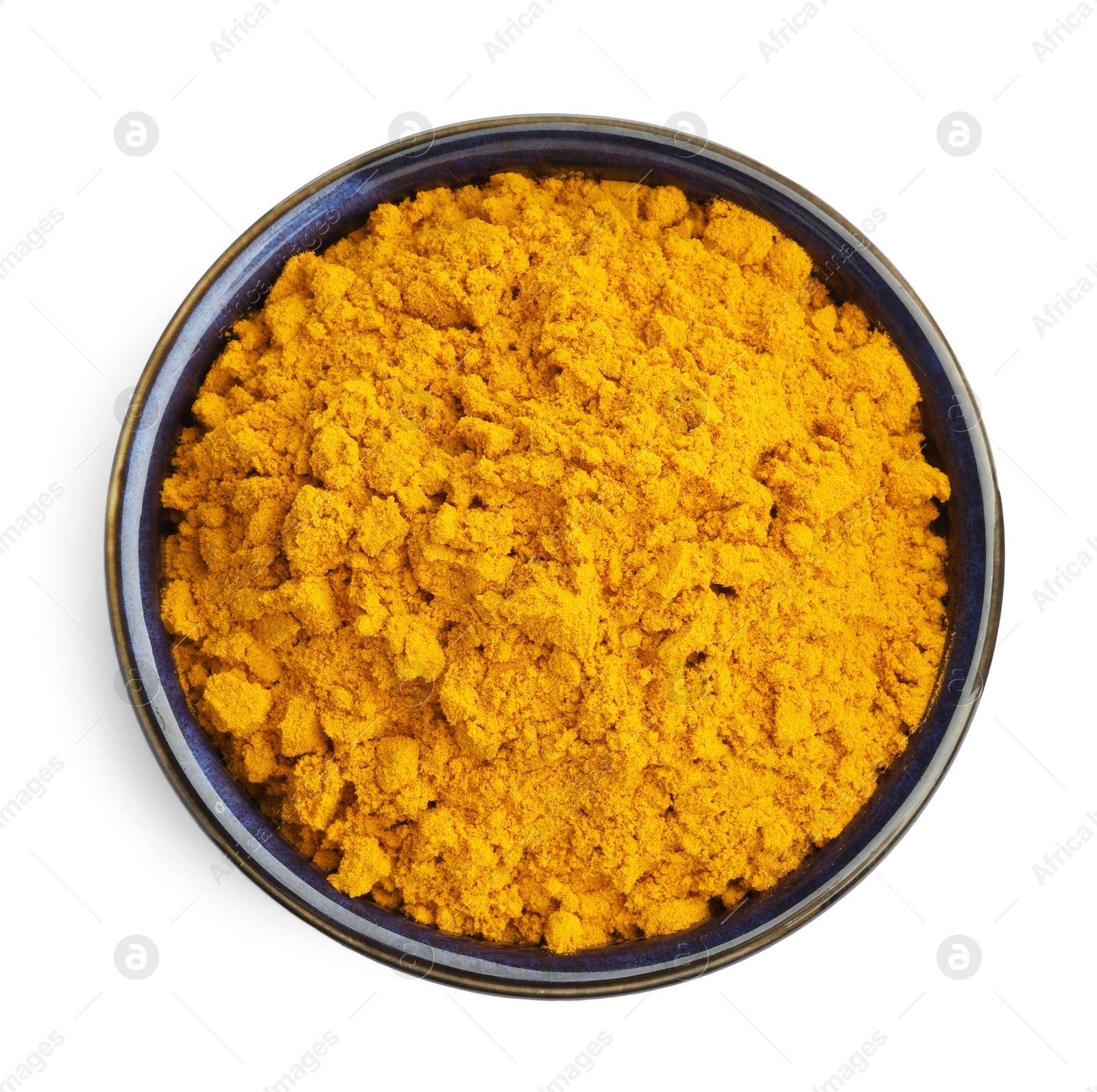 Photo of Turmeric powder in bowl isolated on white, top view