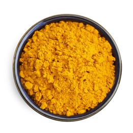 Photo of Turmeric powder in bowl isolated on white, top view