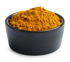 Photo of Turmeric powder in bowl isolated on white