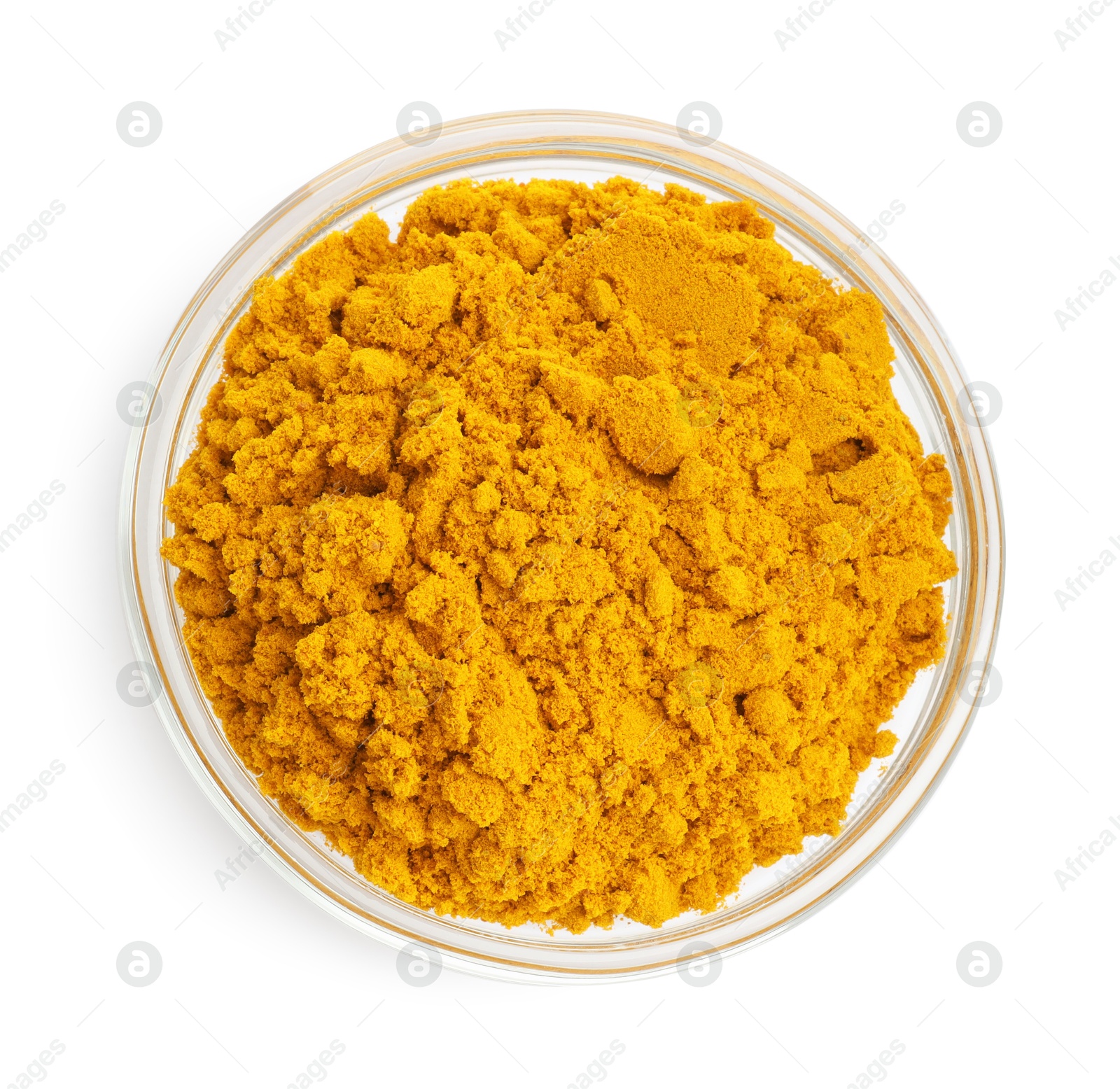 Photo of Turmeric powder in bowl isolated on white, top view