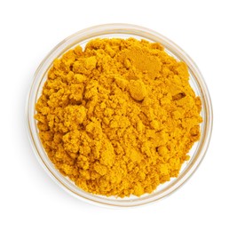 Photo of Turmeric powder in bowl isolated on white, top view