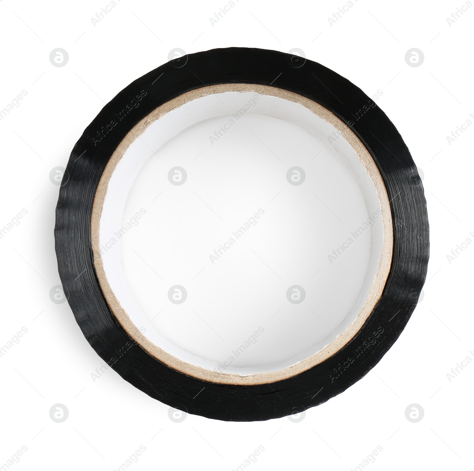 Photo of Roll of black adhesive tape isolated on white, top view