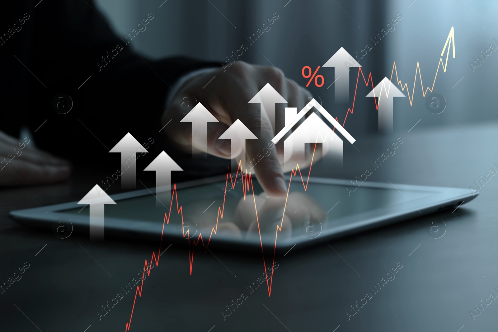 Image of Real estate market. Man using computer tablet, closeup. Graphic, arrows and illustration of house visualizing interest rate rise