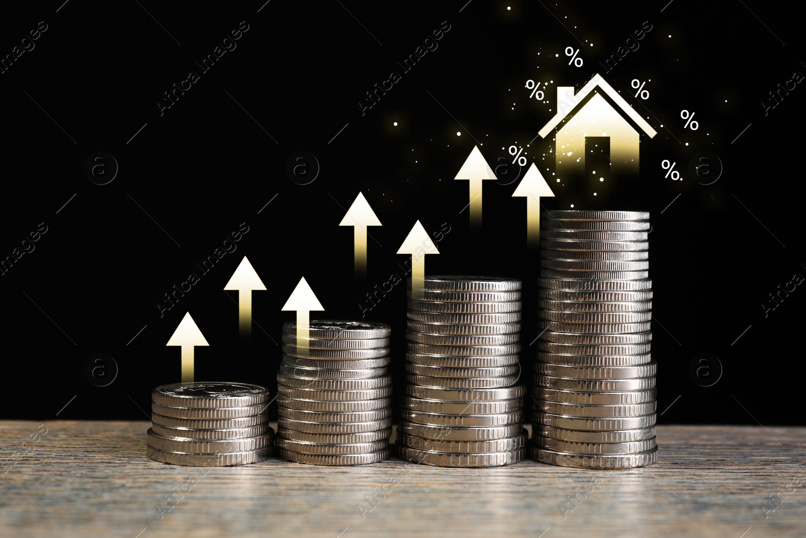 Image of Real estate market. Stacked coins, arrows, illustration of house and percent signs on black background. Interest rate rise