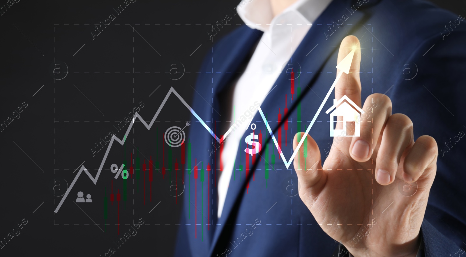 Image of Real estate market. Man using virtual screen, closeup. Graphic, arrow, icons and illustration of house visualizing interest rate rise