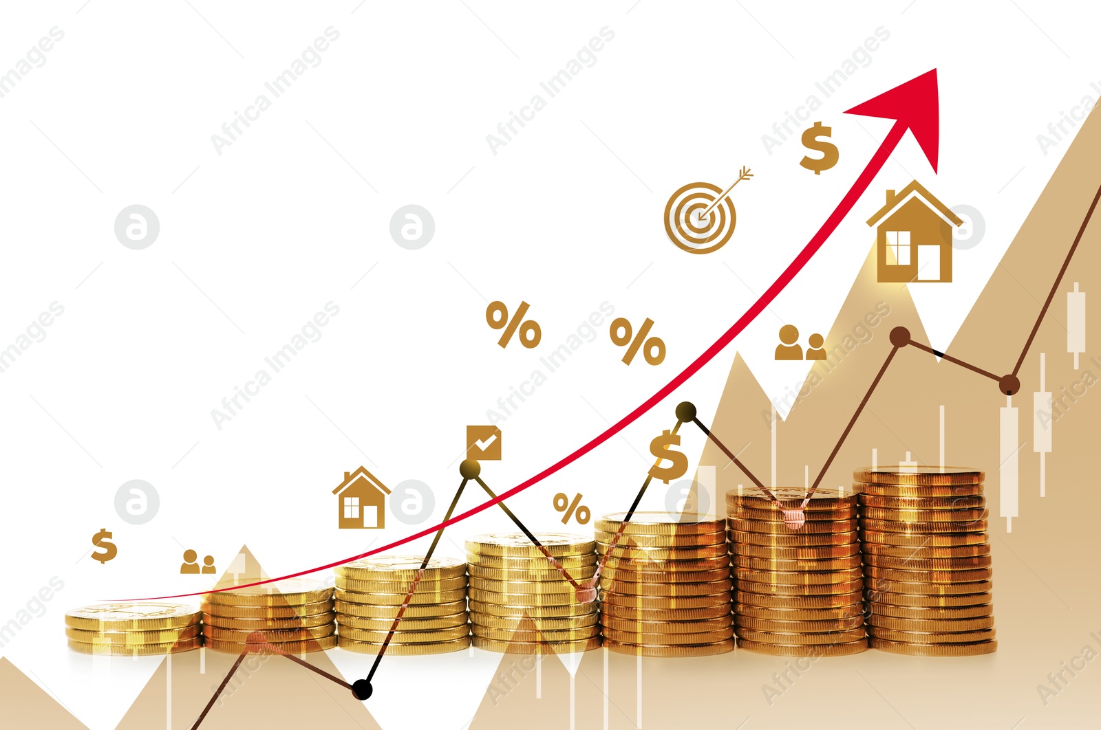 Image of Real estate market. Stacked coins, graphic, arrow, percent signs, illustrations of house and icons on white background visualizing interest rate rise