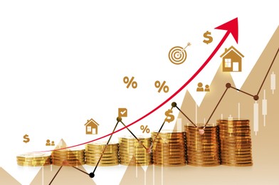 Real estate market. Stacked coins, graphic, arrow, percent signs, illustrations of house and icons on white background visualizing interest rate rise