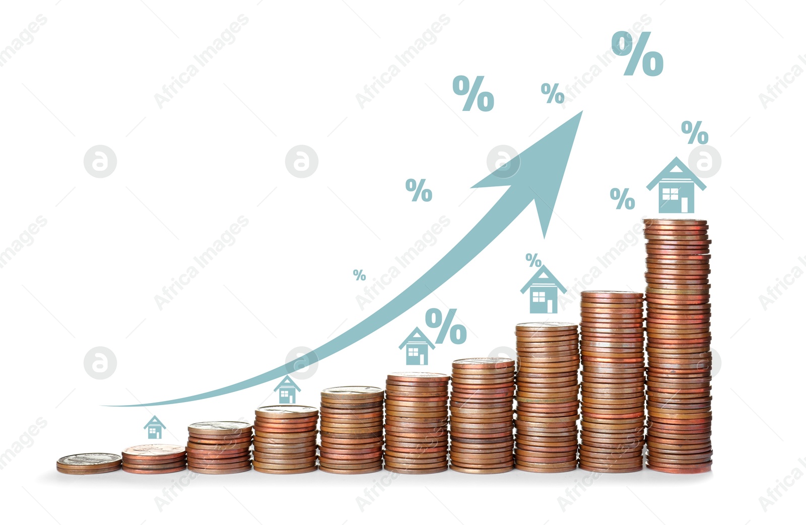 Image of Real estate market. Stacked coins, arrow, percent signs and illustrations of house on white background visualizing interest rate rise