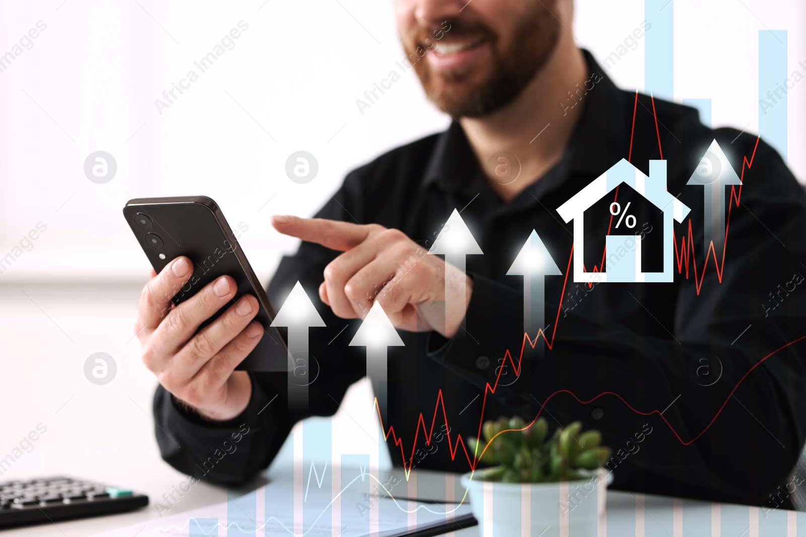 Image of Real estate market. Man using mobile phone, closeup. Graphic, arrows and illustration of house visualizing interest rate rise