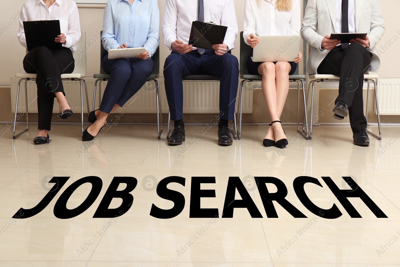 Image of Job search. Applicants sitting on chairs and waiting for interview indoors, closeup