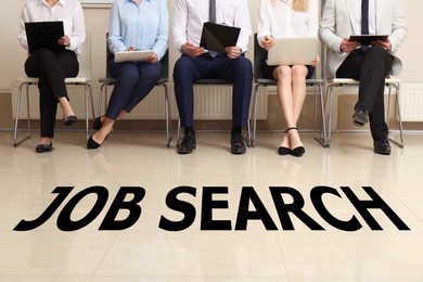 Image of Job search. Applicants sitting on chairs and waiting for interview indoors, closeup