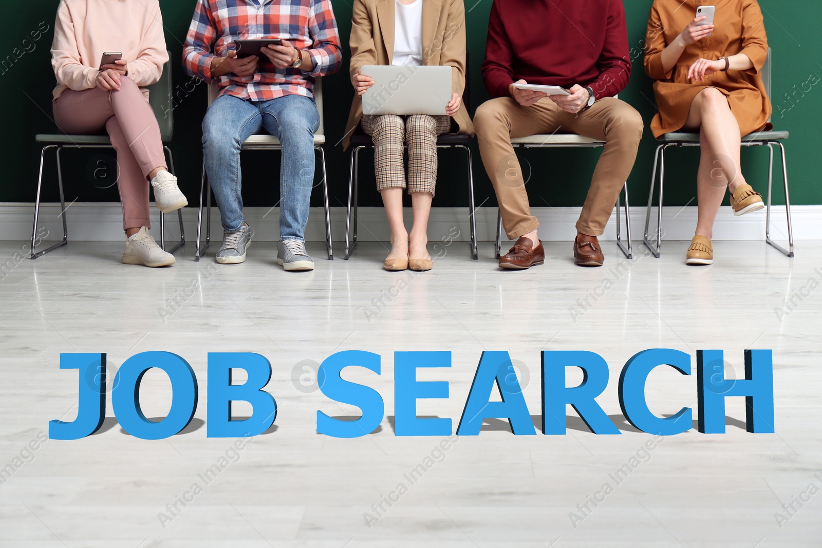 Image of Job search. Applicants sitting on chairs and waiting for interview indoors, closeup