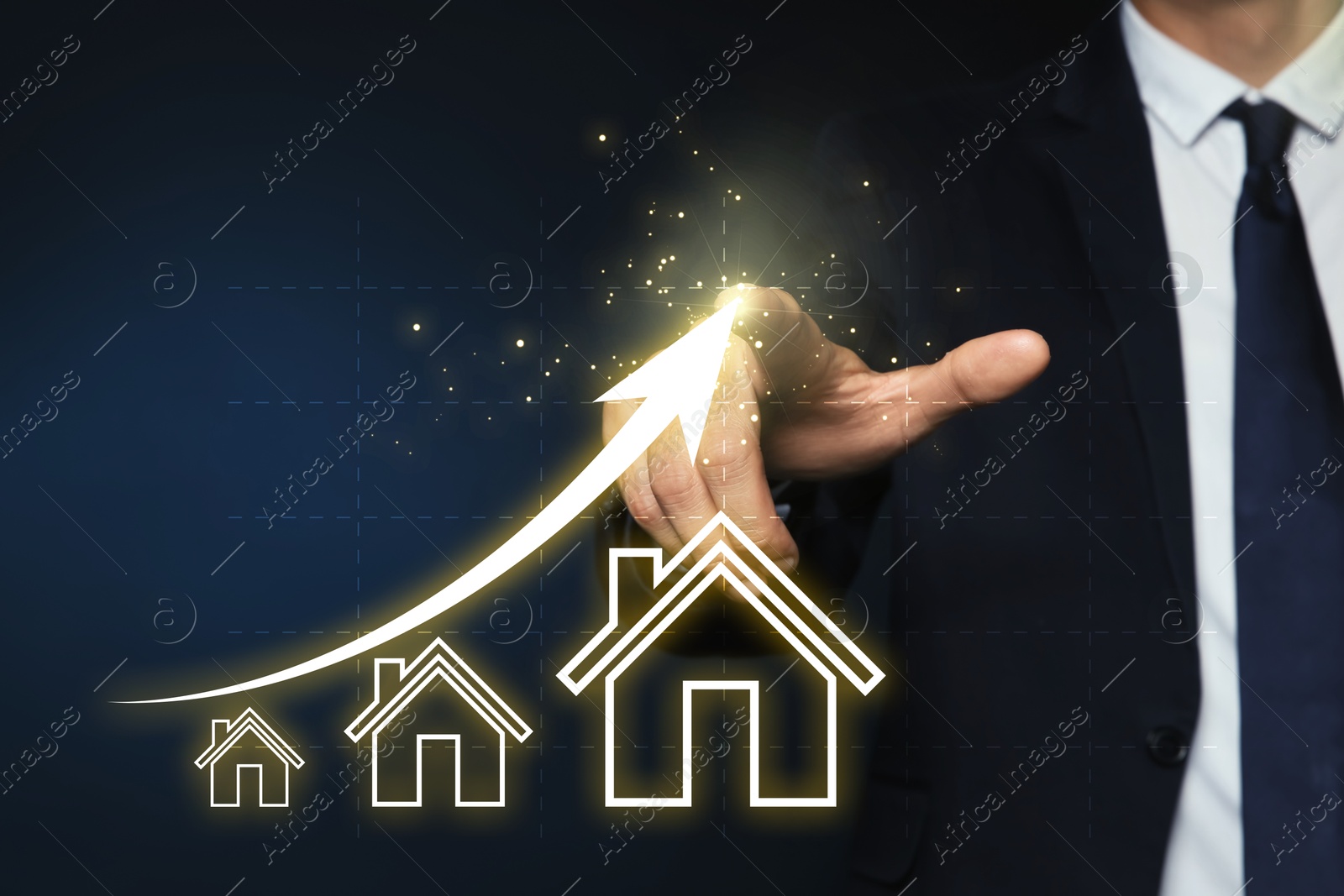 Image of Real estate market. Man using virtual screen, closeup. Arrow and illustrations of house visualizing interest rate rise