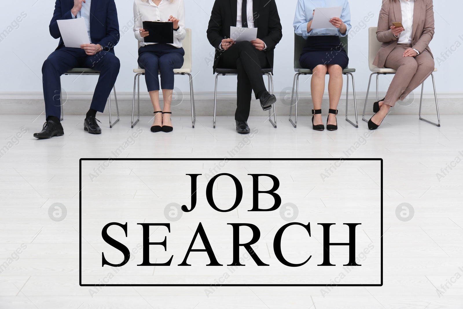 Image of Job search. Applicants sitting on chairs and waiting for interview indoors, closeup