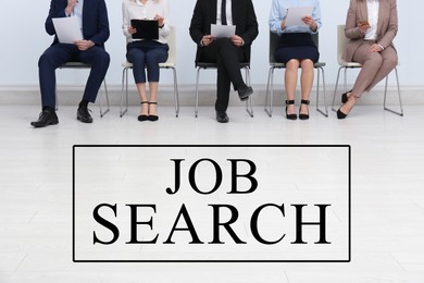 Image of Job search. Applicants sitting on chairs and waiting for interview indoors, closeup