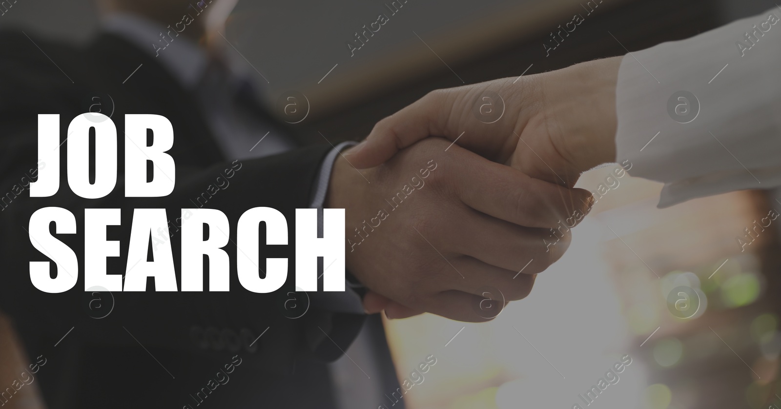 Image of Job search. Applicant and employer shaking hands, closeup. Banner design