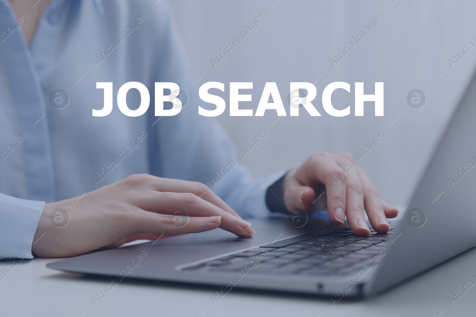 Image of Job search. Woman using laptop at table, closeup