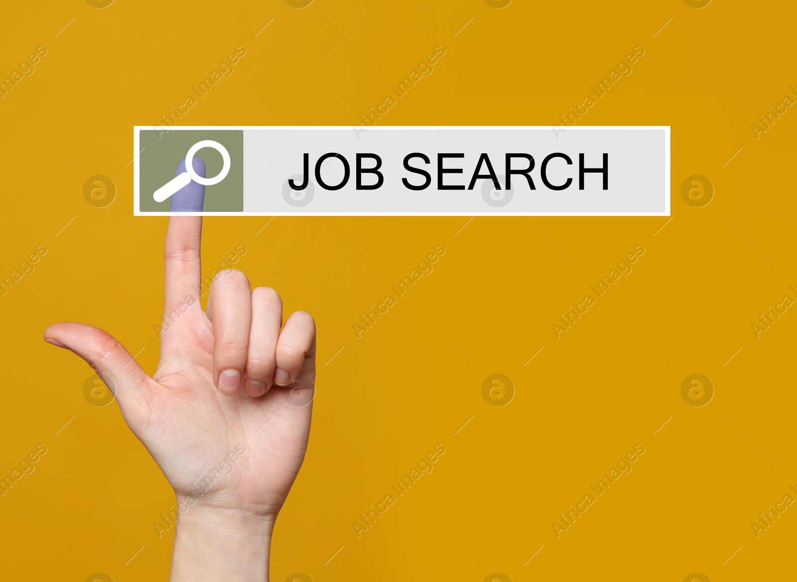 Image of Job search, Woman using search bar on virtual screen against orange background, closeup