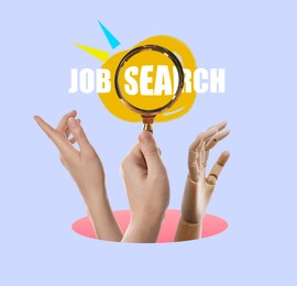 Image of Job search. Creative collage with magnifying glass, human and wooden mannequin hands sticking out of hole on lavender color background