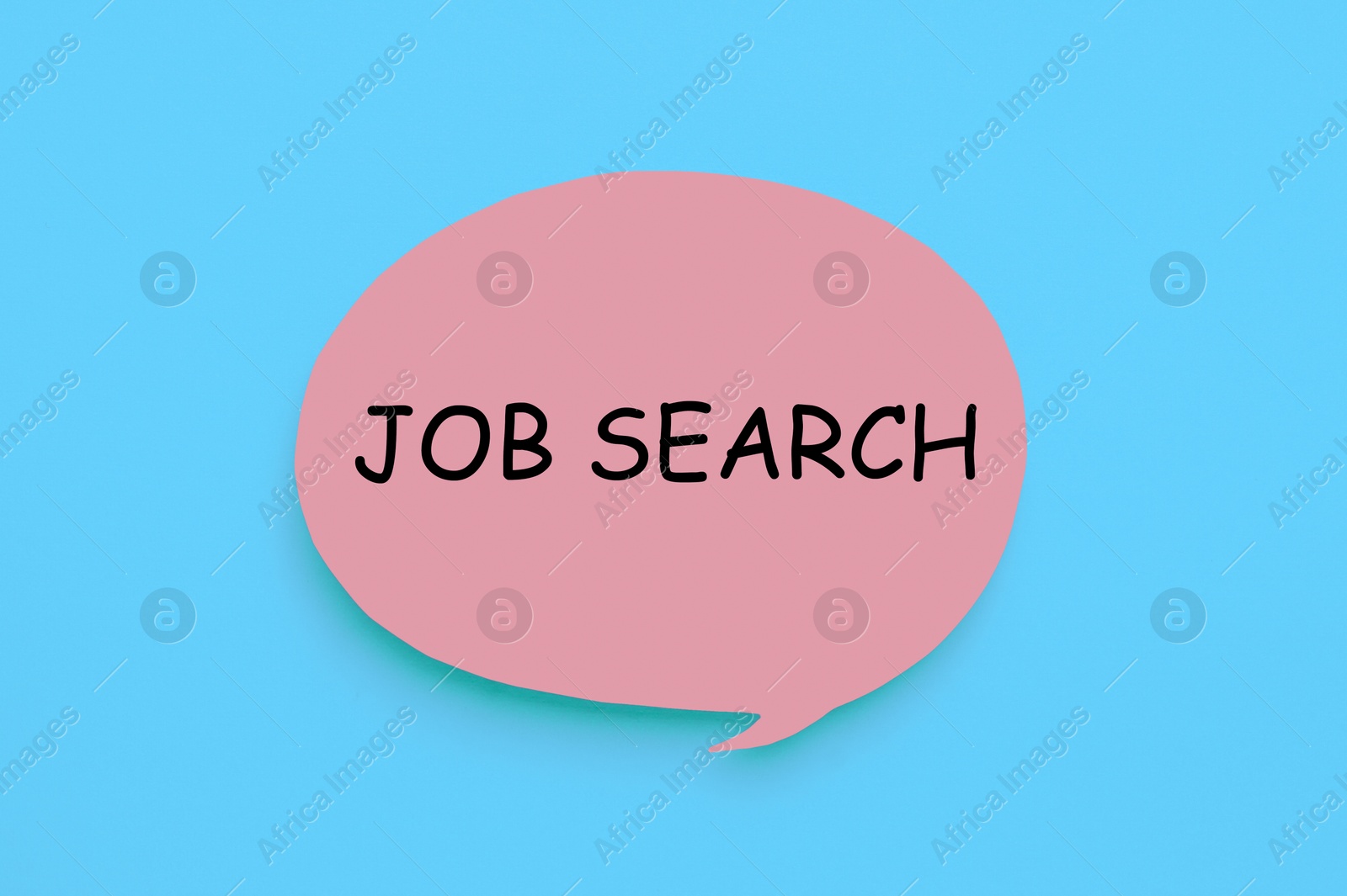 Image of Job search. Note in shape of speech bubble with words on light blue background