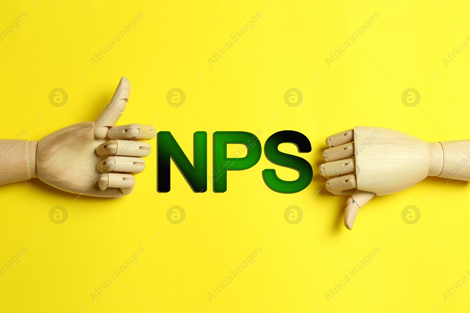 Image of NPS (net promoter score) word, wooden mannequin hands showing thumbs-up and thumbs-down on yellow background, top view. Customer satisfaction assessment