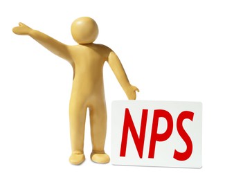 Image of Plasticine human figure and card with NPS on white background. Customer satisfaction assessment