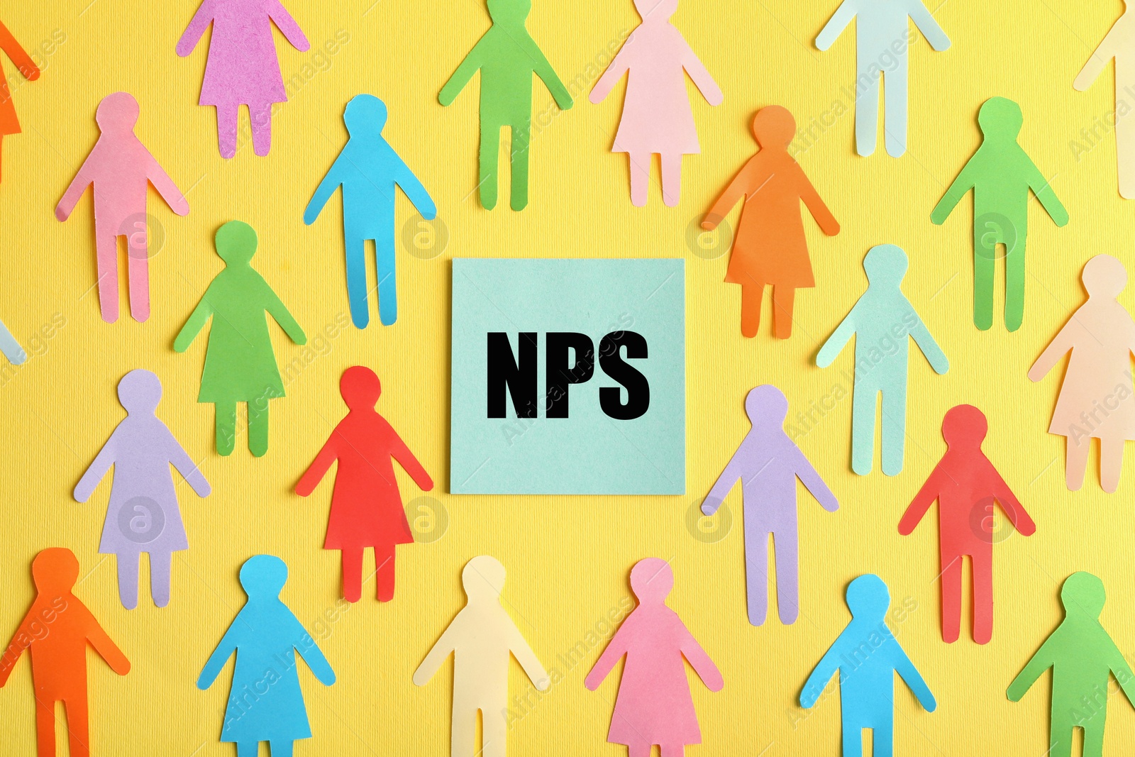 Image of Note with NPS (net promoter score) and many colorful paper human figures on yellow background, top view. Customer satisfaction assessment