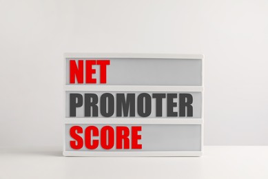 Image of Letter board with text Net Promoter Score (NPS) on white background. Customer satisfaction assessment