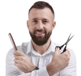 Photo of Bearded man holding comb and scissors on white background