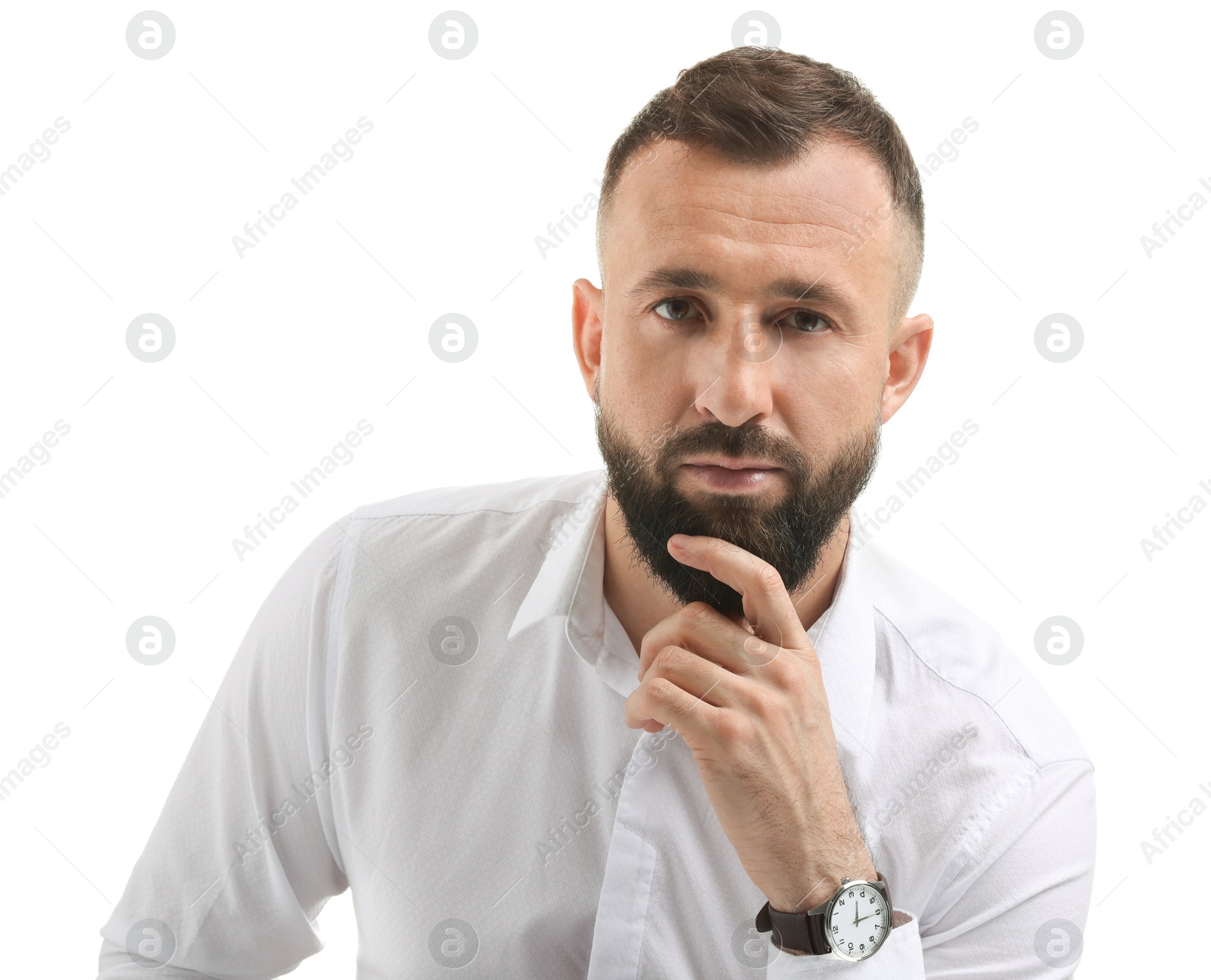 Photo of Portrait of handsome bearded man on white background