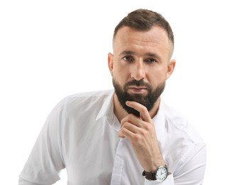 Photo of Portrait of handsome bearded man on white background