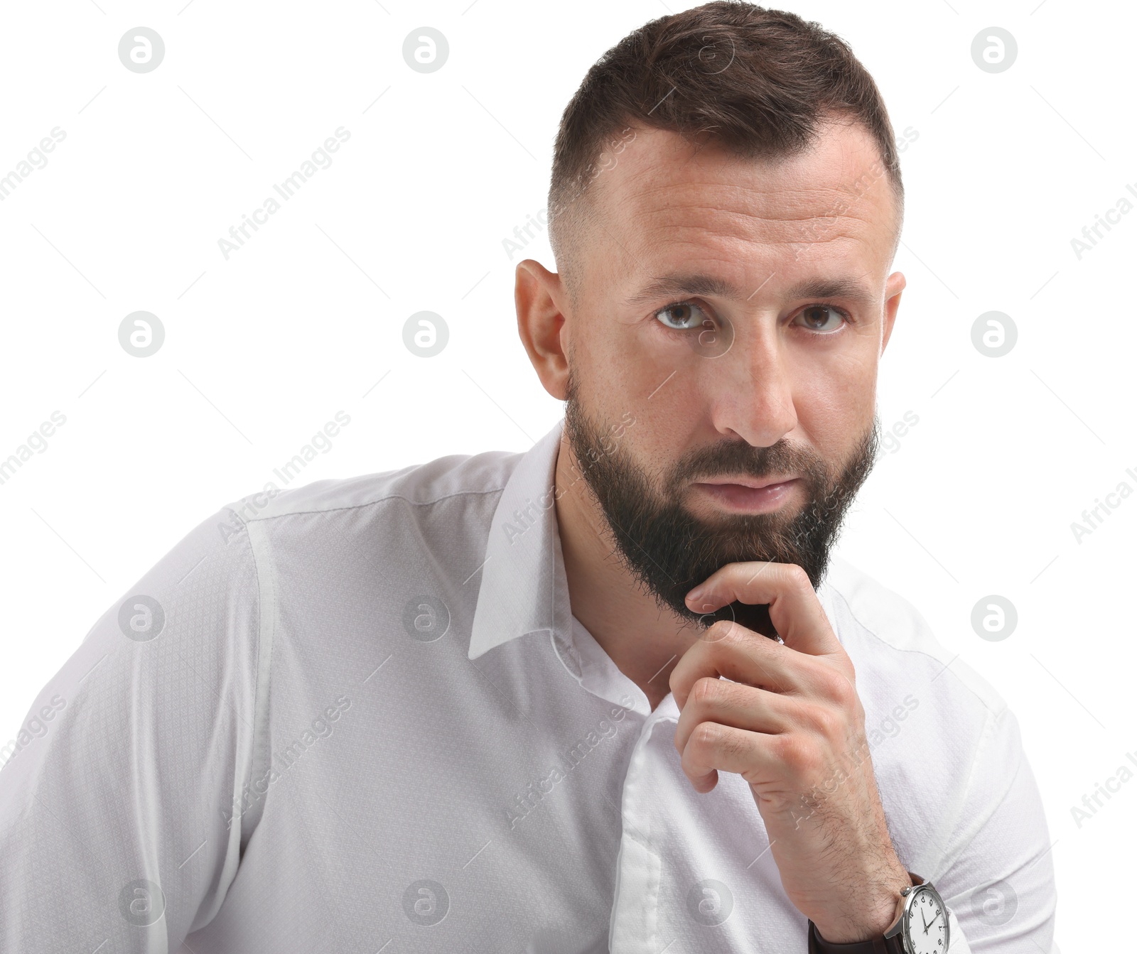 Photo of Portrait of handsome bearded man on white background