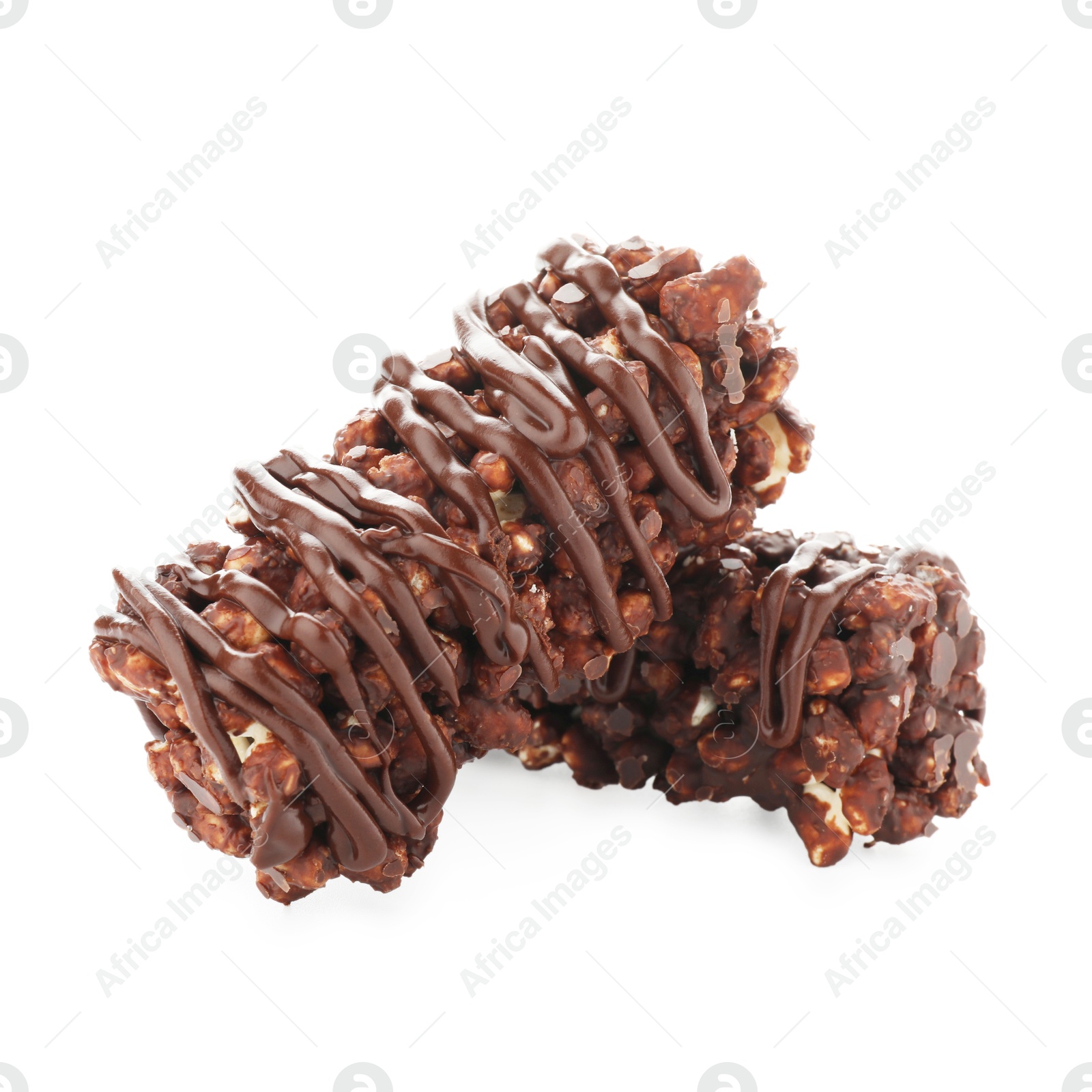 Photo of Delicious chocolate puffed rice bars isolated on white