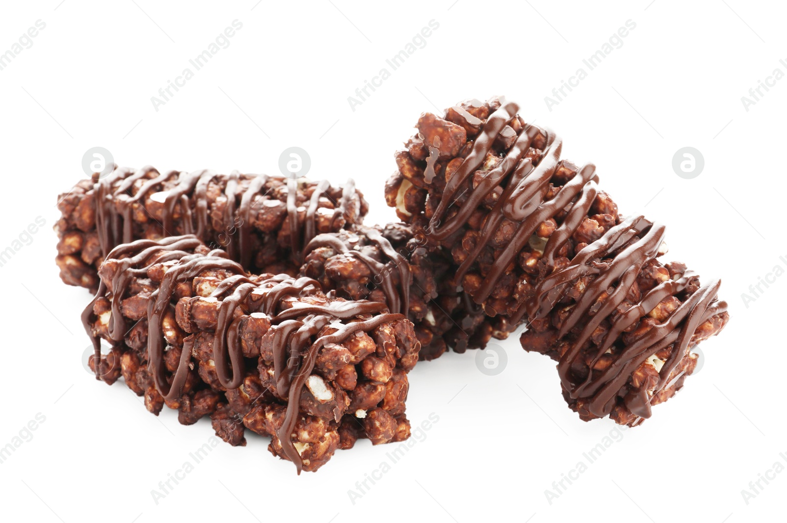 Photo of Delicious chocolate puffed rice bars isolated on white