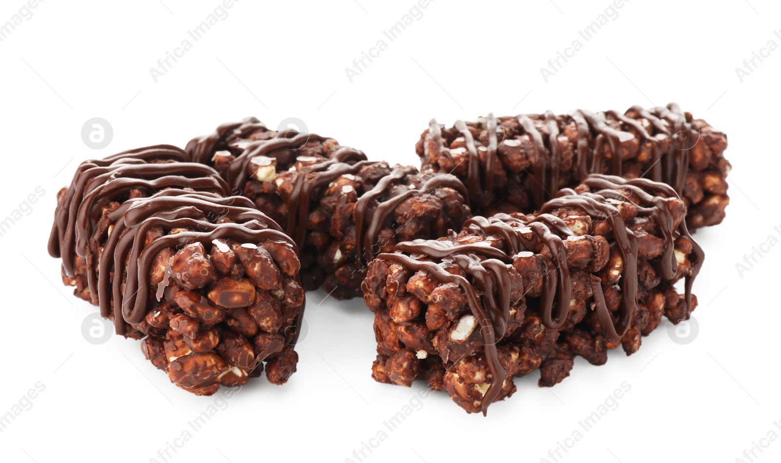 Photo of Delicious chocolate puffed rice bars isolated on white